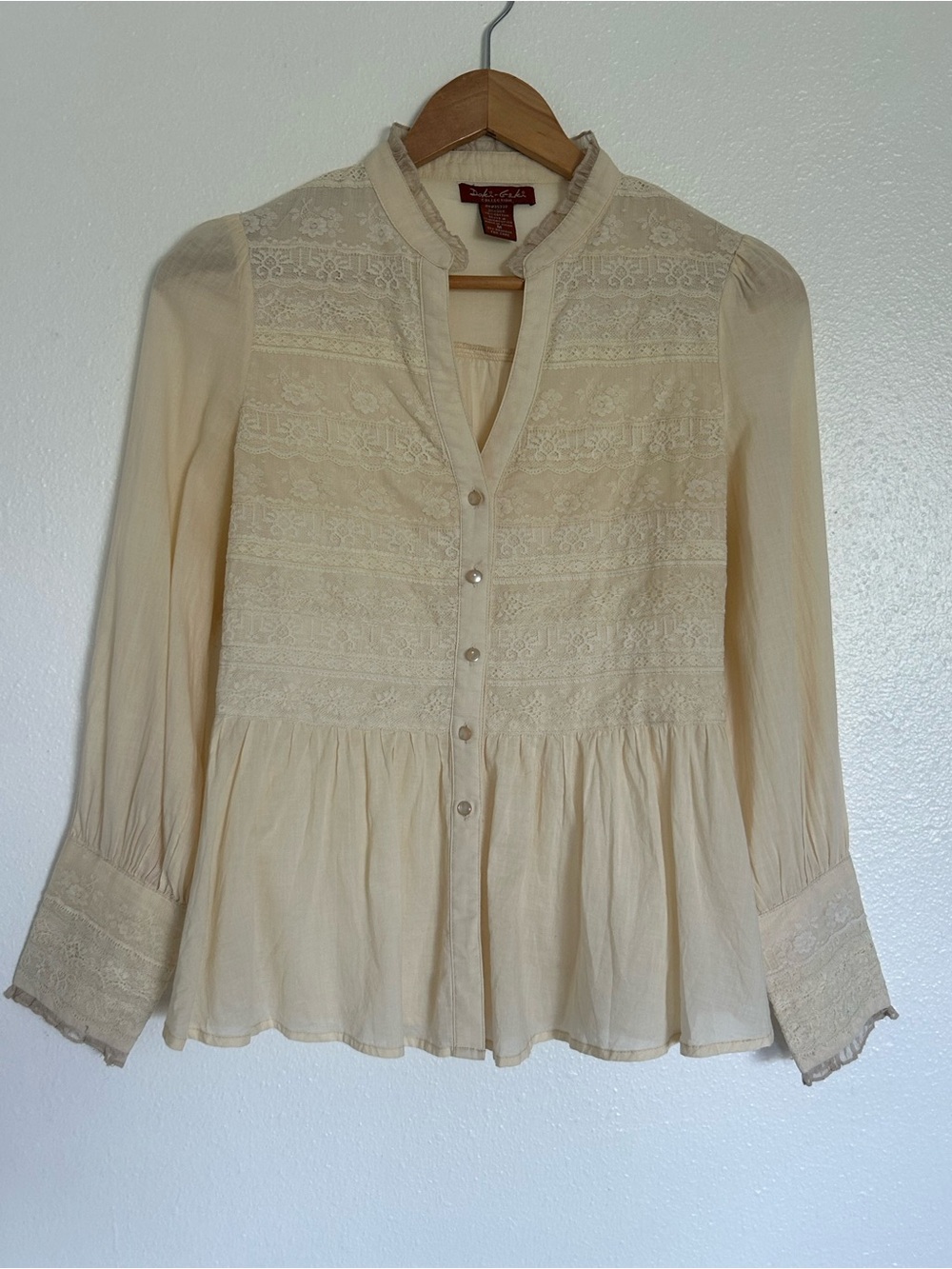 Doki-Geki Cream Lace Silk Cotton Peasant Blouse Button Down Top M Romantic